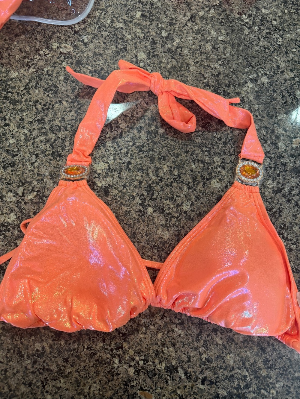 Shimmer Coral Triangle Halter Bikini Top with Gem Rings